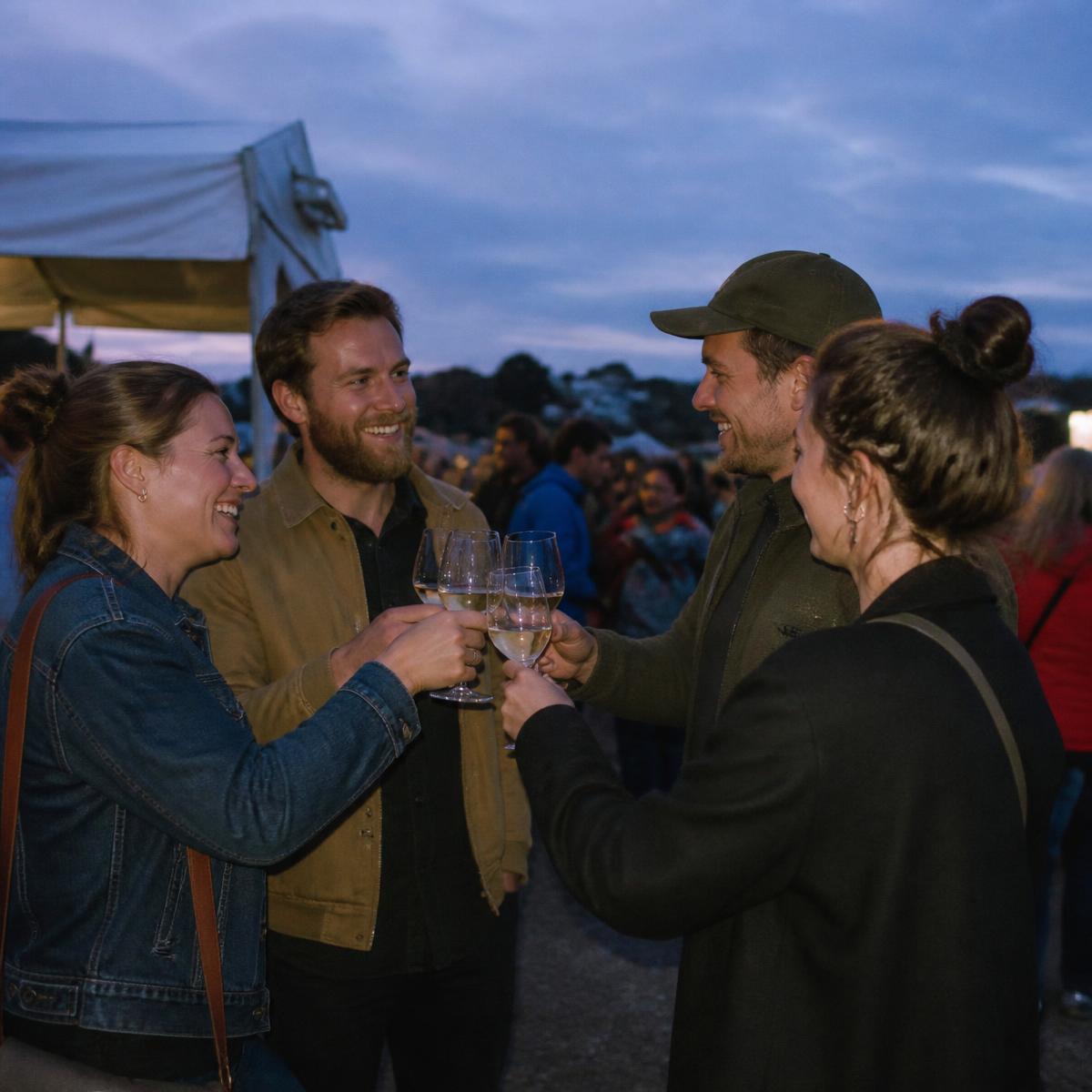 Friends toasting at an outdoor gathering at dusk